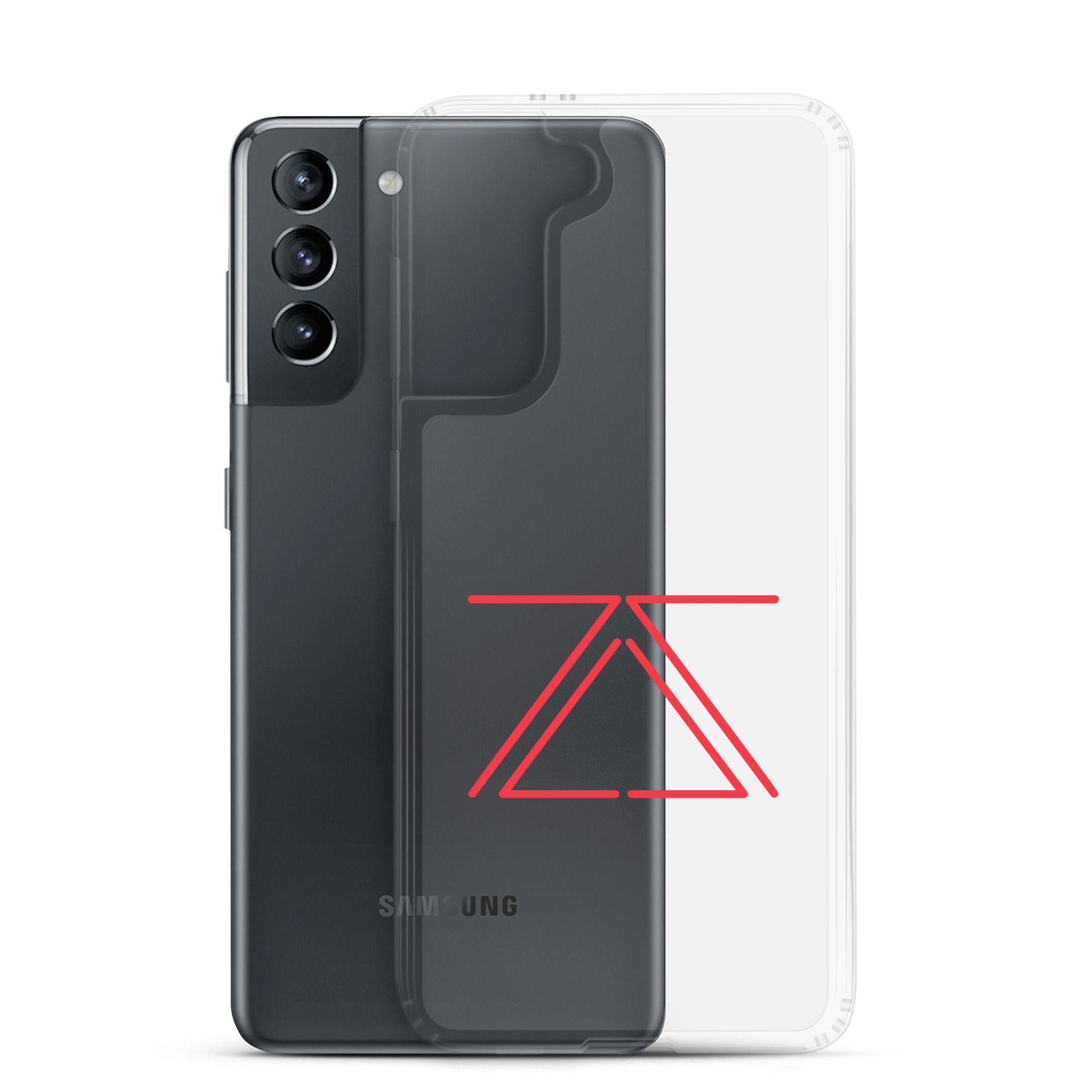 Clear Samsung phone case with a red zSecurity logo, showcasing the back of a Samsung Galaxy phone.