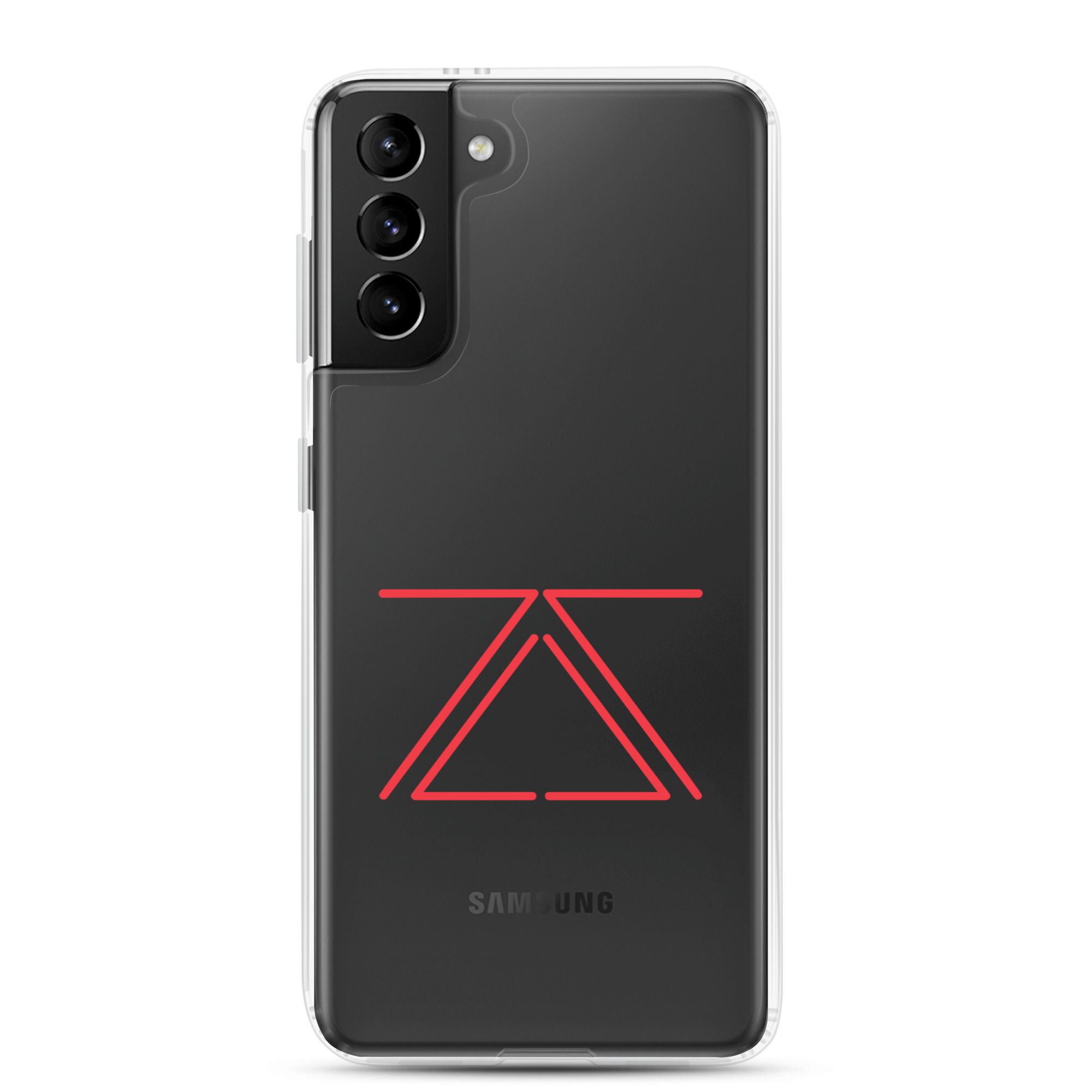 Clear Samsung phone case with a red zSecurity logo, showcasing the back of a Samsung Galaxy phone.