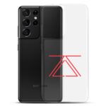 Clear Samsung phone case with a red zSecurity logo, showcasing the back of a Samsung Galaxy phone.