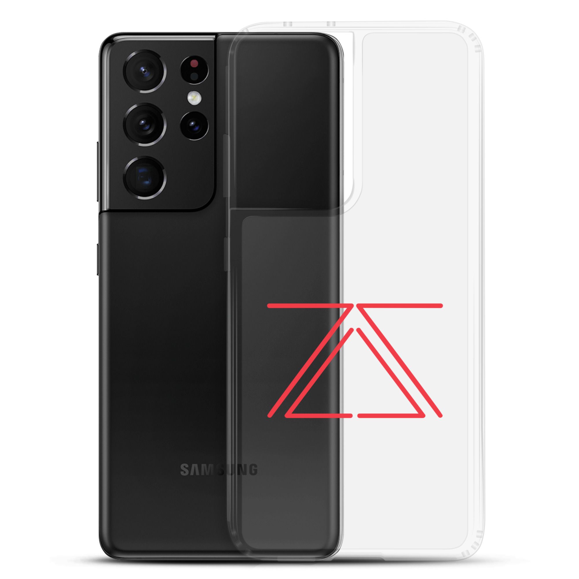 Clear Samsung phone case with a red zSecurity logo, showcasing the back of a Samsung Galaxy phone.