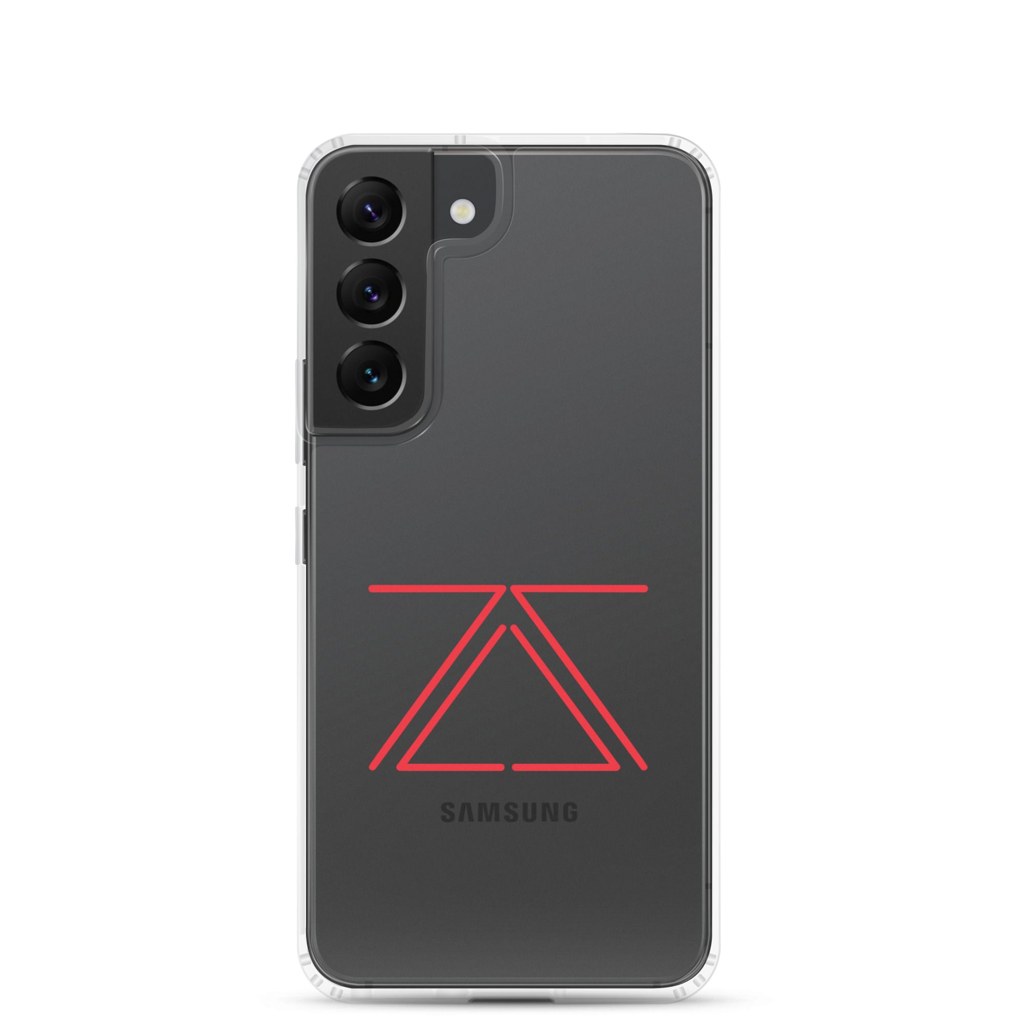 Clear Samsung phone case with a red zSecurity logo, showcasing the back of a Samsung Galaxy phone.