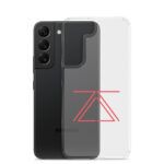 Clear Samsung phone case with a red zSecurity logo, showcasing the back of a Samsung Galaxy phone.