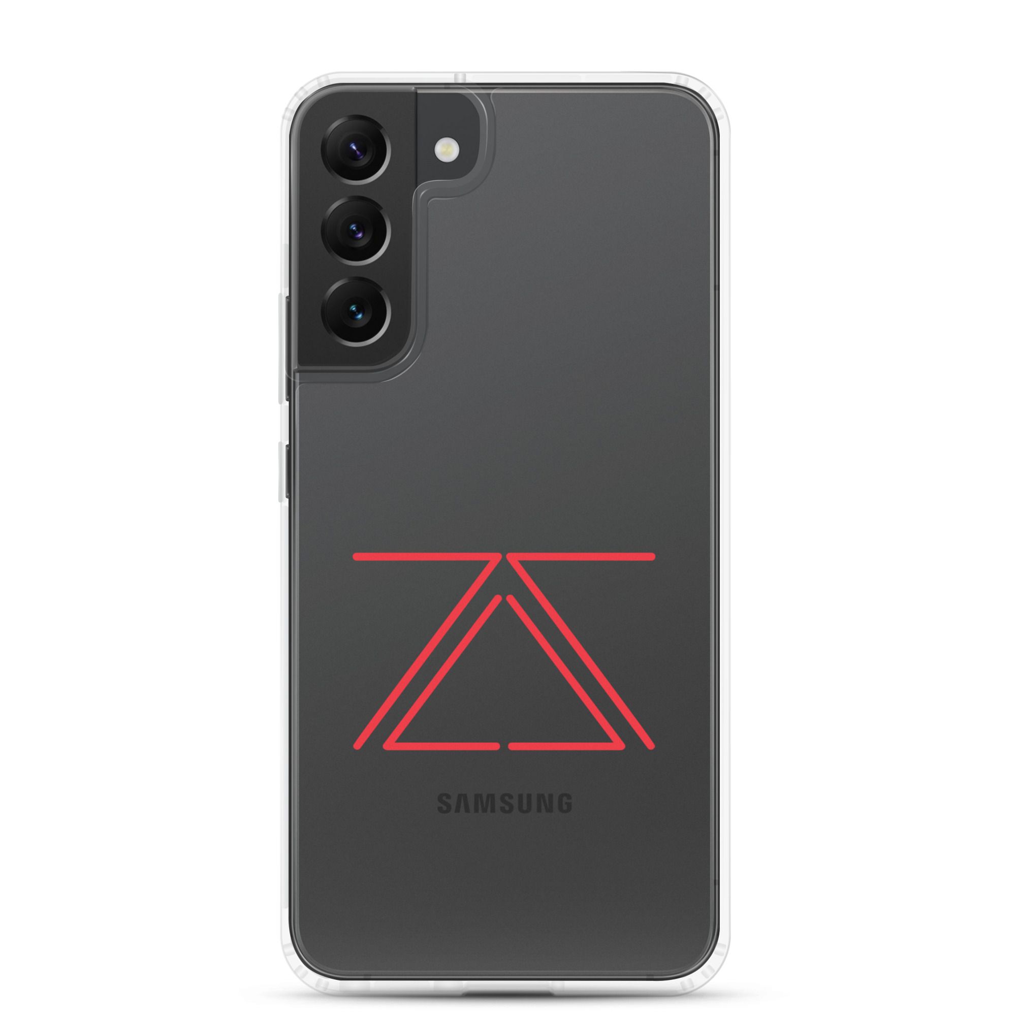 Clear Samsung phone case with a red zSecurity logo, showcasing the back of a Samsung Galaxy phone.