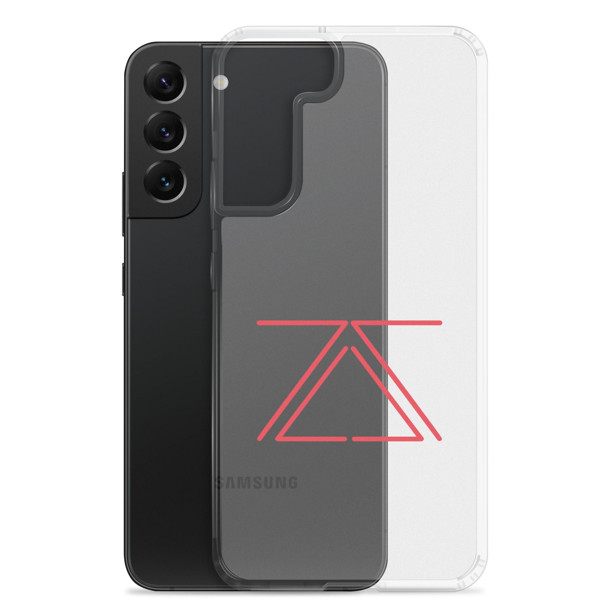 Clear Samsung phone case with a red zSecurity logo, showcasing the back of a Samsung Galaxy phone.