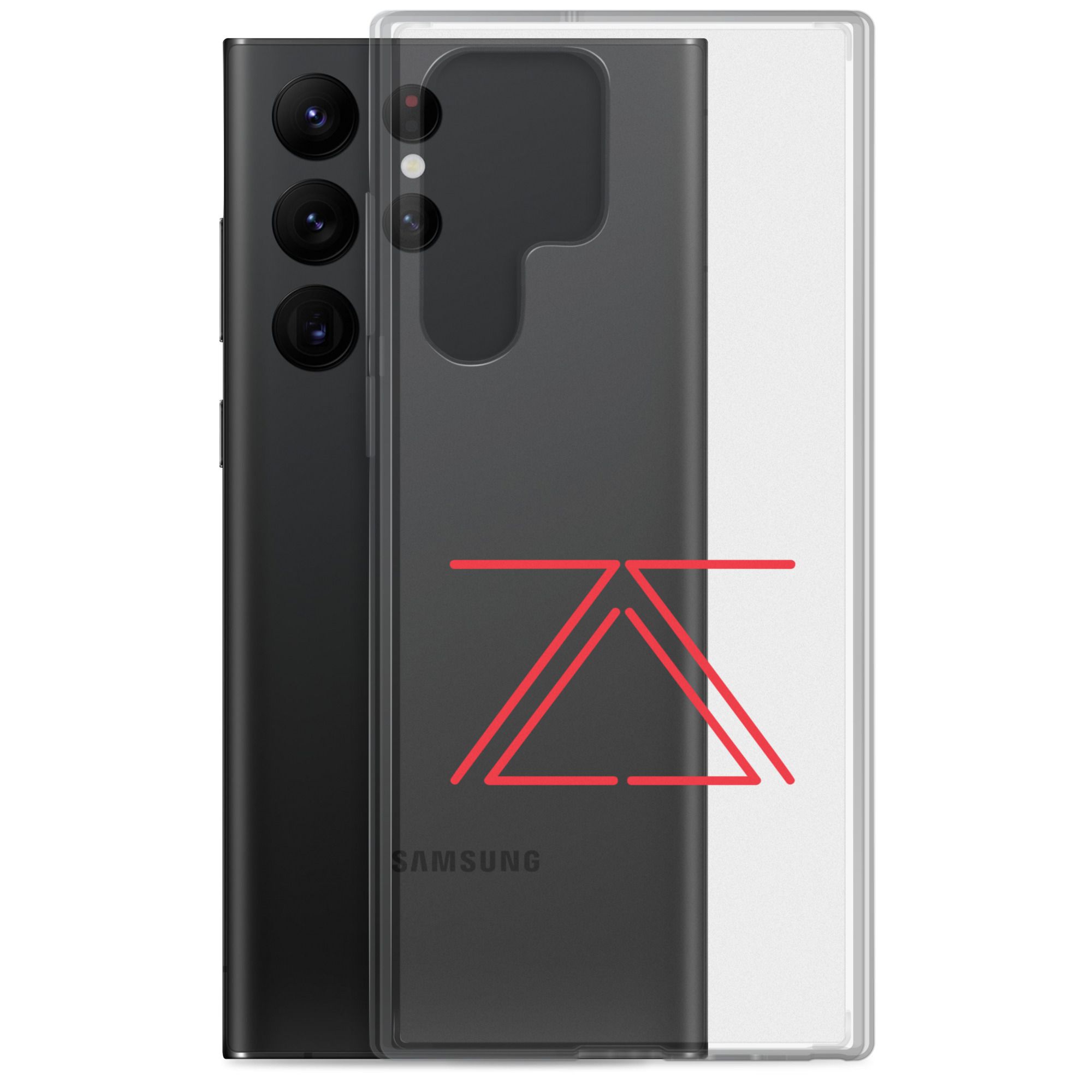 Clear Samsung phone case with a red zSecurity logo, showcasing the back of a Samsung Galaxy phone.