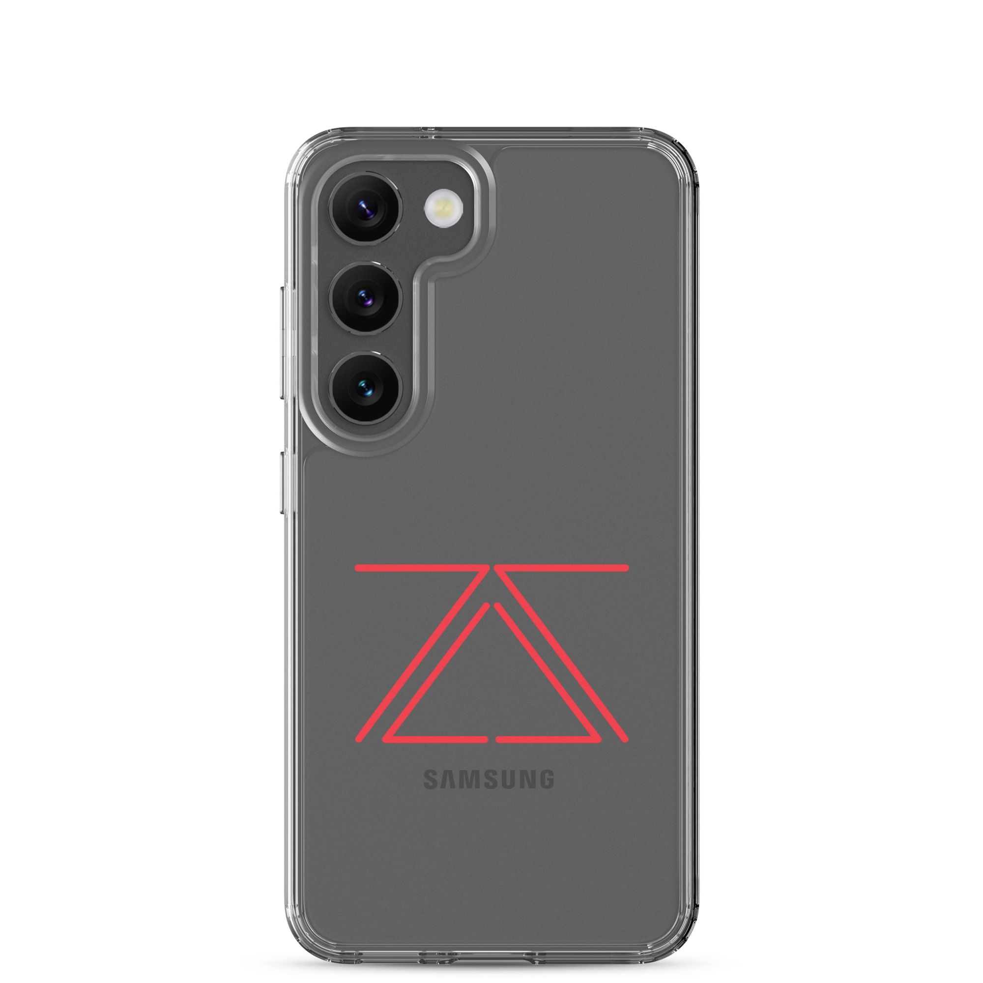 Clear Samsung phone case with a red zSecurity logo, showcasing the back of a Samsung Galaxy phone.