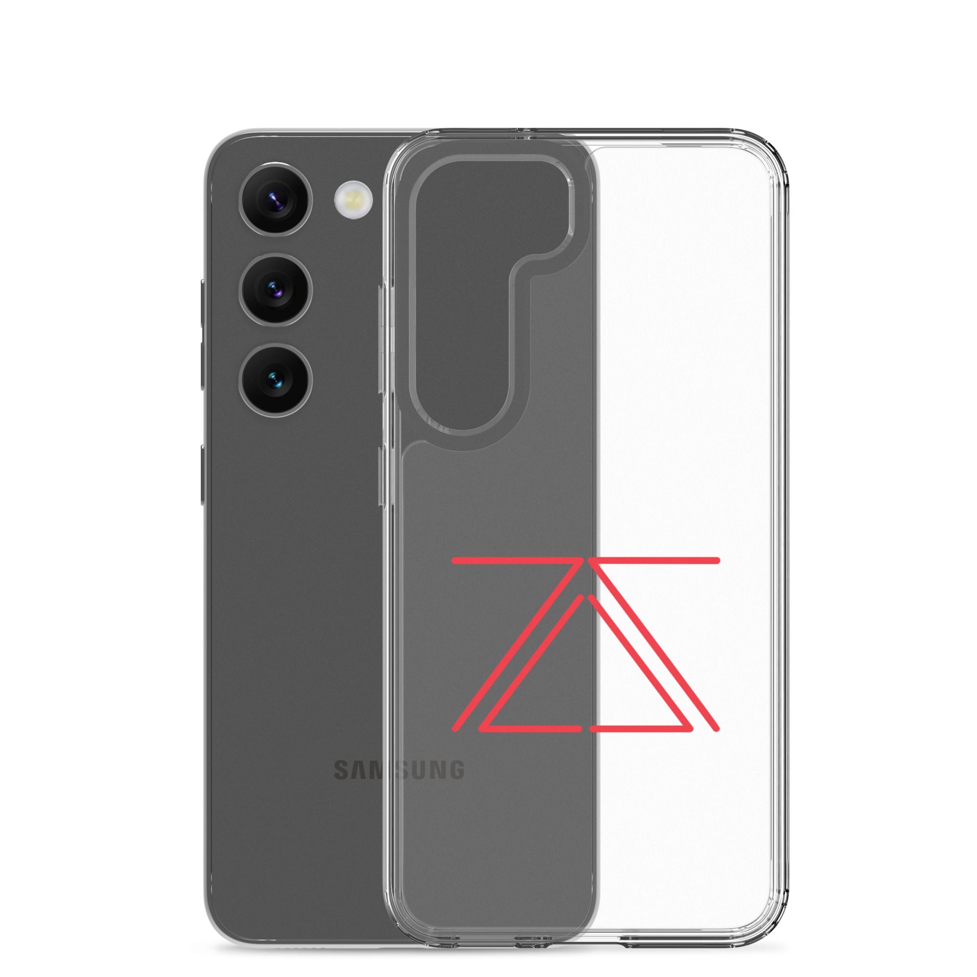 Clear Samsung phone case with a red zSecurity logo, showcasing the back of a Samsung Galaxy phone.