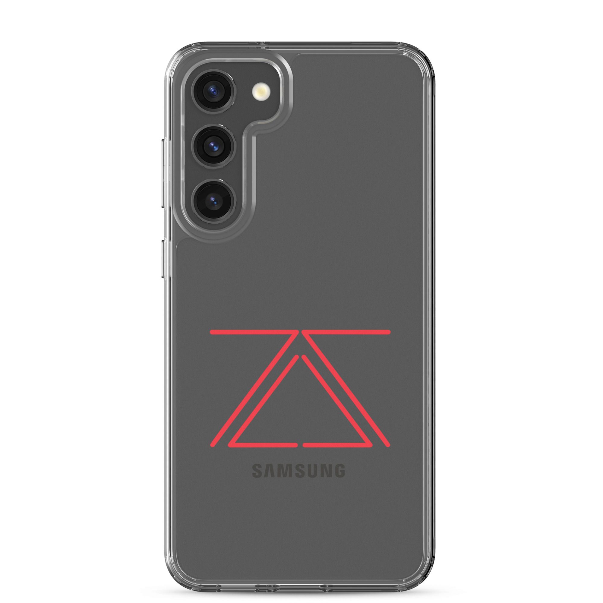 Clear Samsung phone case with a red zSecurity logo, showcasing the back of a Samsung Galaxy phone.