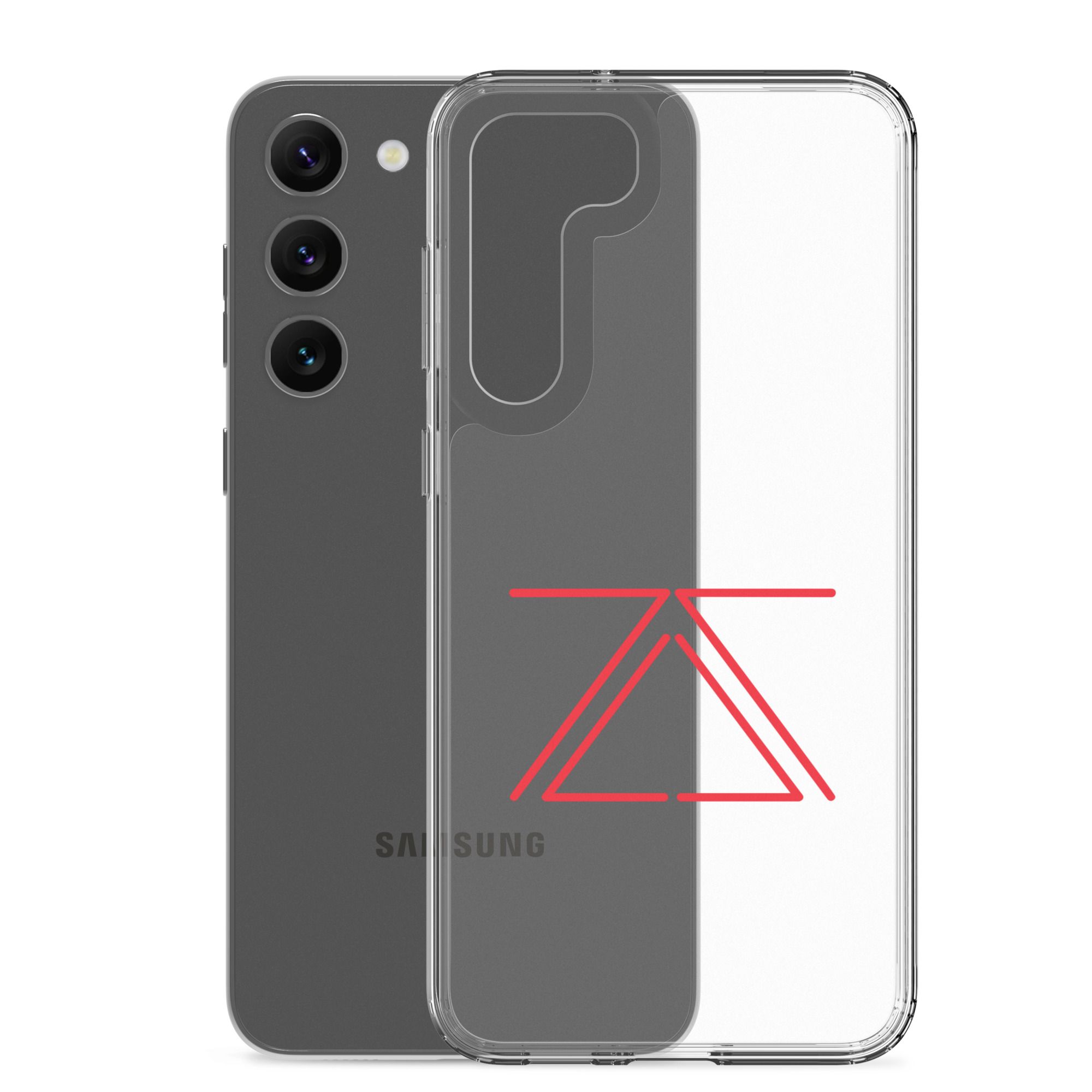 Clear Samsung phone case with a red zSecurity logo, showcasing the back of a Samsung Galaxy phone.