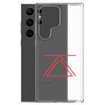 Clear Samsung phone case with a red zSecurity logo, showcasing the back of a Samsung Galaxy phone.