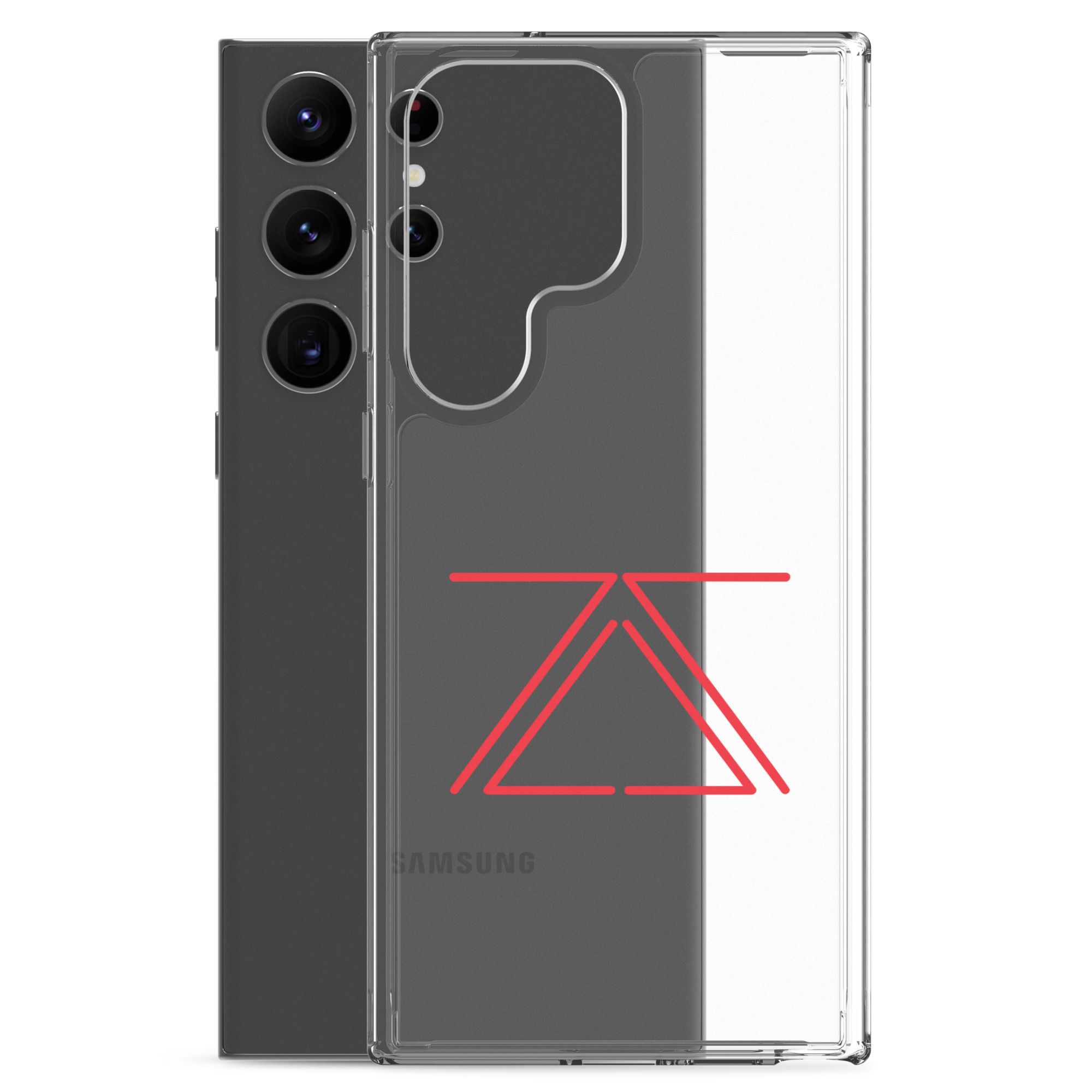 Clear Samsung phone case with a red zSecurity logo, showcasing the back of a Samsung Galaxy phone.