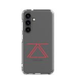 Clear Samsung phone case with a red zSecurity logo, showcasing the back of a Samsung Galaxy phone.