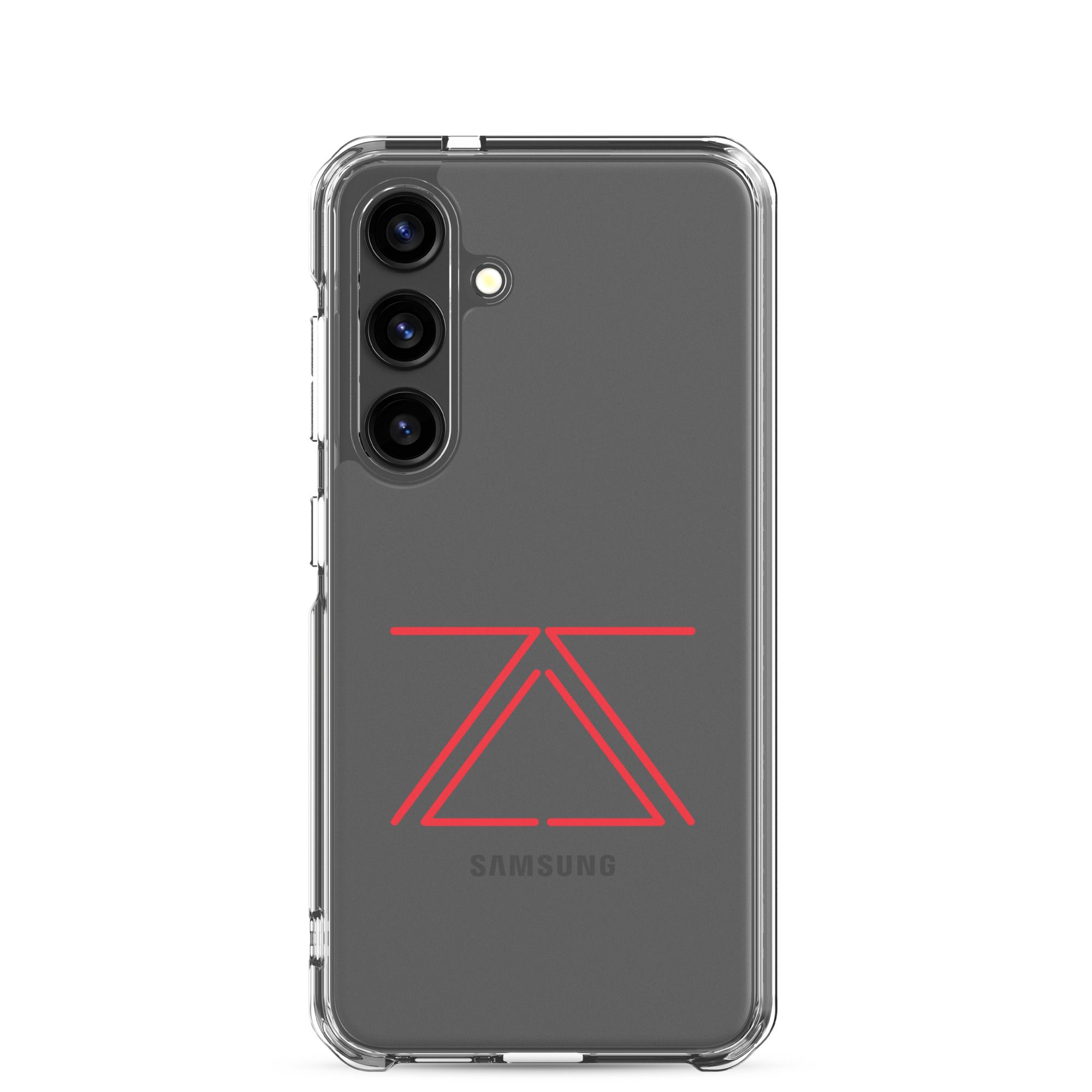 Clear Samsung phone case with a red zSecurity logo, showcasing the back of a Samsung Galaxy phone.