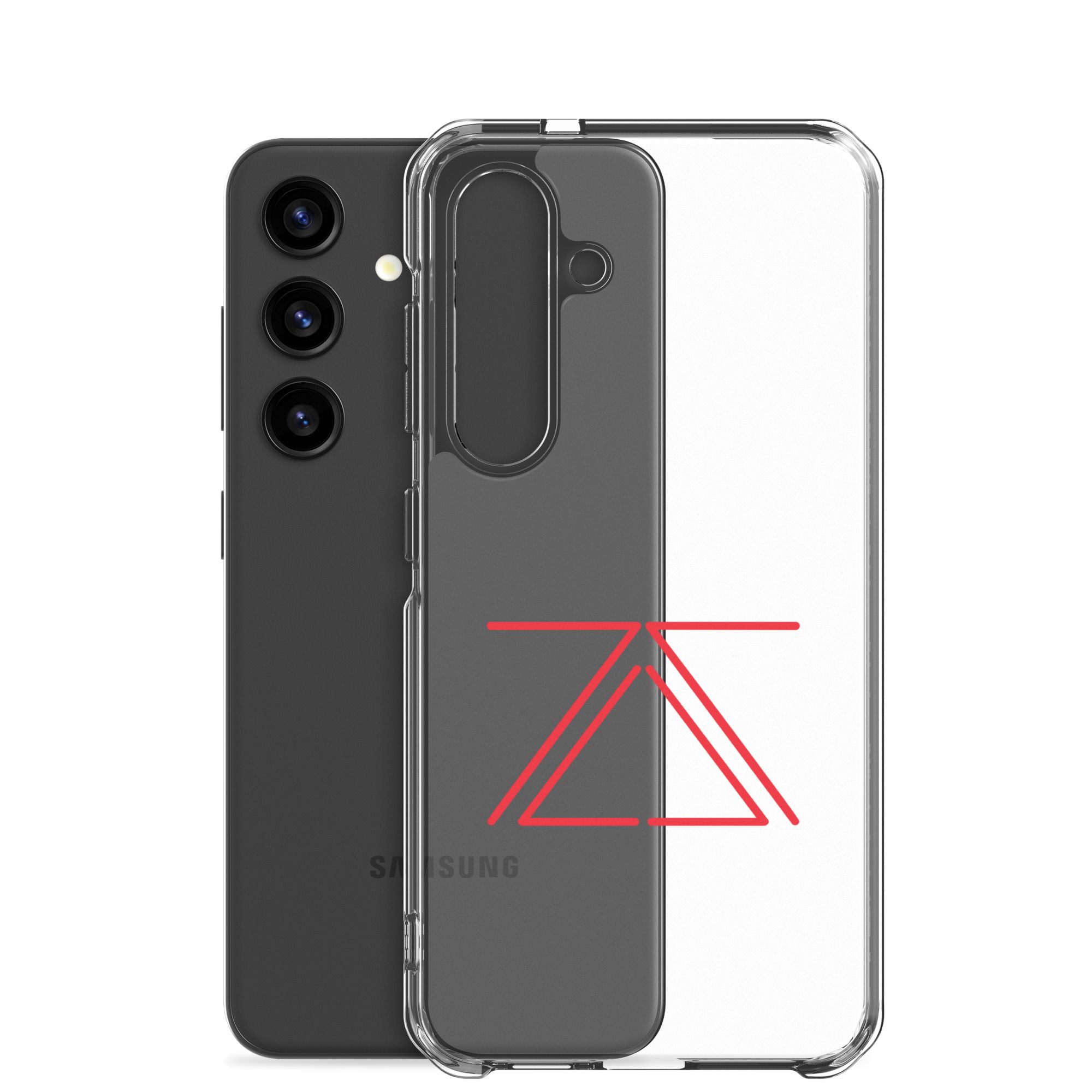 Clear Samsung phone case with a red zSecurity logo, showcasing the back of a Samsung Galaxy phone.