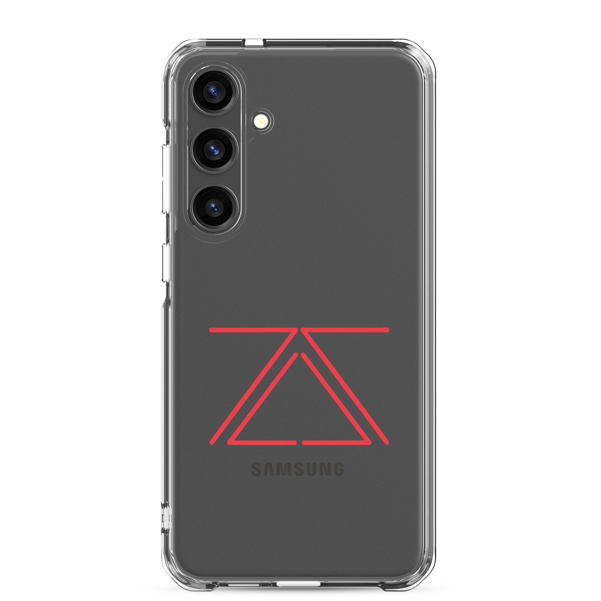 Clear Samsung phone case with a red zSecurity logo, showcasing the back of a Samsung Galaxy phone.