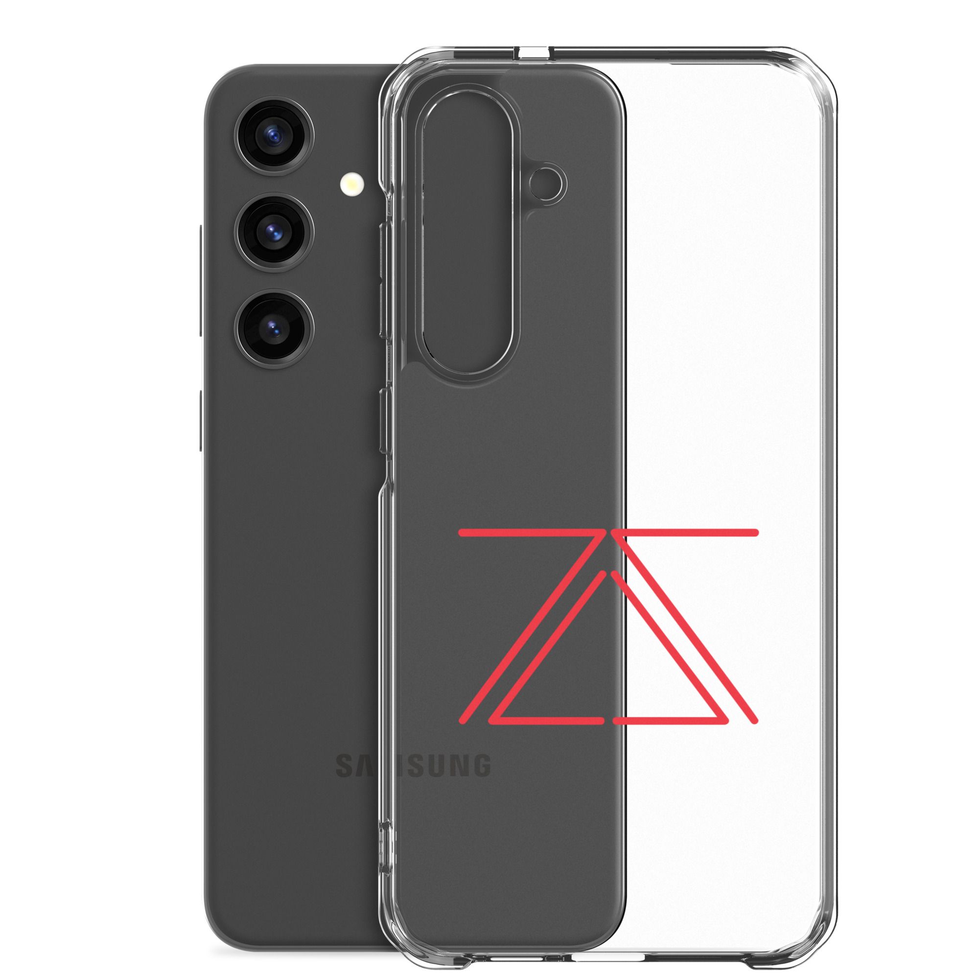 Clear Samsung phone case with a red zSecurity logo, showcasing the back of a Samsung Galaxy phone.