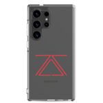 Clear Samsung phone case with a red zSecurity logo, showcasing the back of a Samsung Galaxy phone.