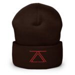 Brown cuffed beanie with the zSecurity logo embroidered in red on the front.