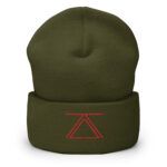 Olive green cuffed beanie with the zSecurity logo embroidered in red on the front.