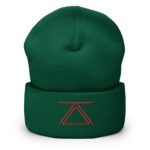 Green cuffed beanie with the zSecurity logo embroidered in red on the front