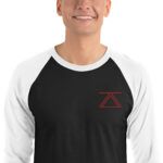 Model wearing a black and white 3/4 sleeve raglan shirt with the zSecurity logo on the chest, suitable for both casual and professional settings.