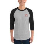 Model wearing a grey and black 3/4 sleeve raglan shirt with the zSecurity logo on the chest, perfect for casual and professional settings.