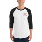 Model wearing a white and black 3/4 sleeve raglan shirt with the red zSecurity logo on the chest, perfect for a sleek and professional look.