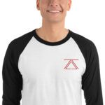 Model wearing a white and black 3/4 sleeve raglan shirt with the red zSecurity logo on the chest, perfect for a sleek and professional look.