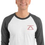 Model wearing a white and grey 3/4 sleeve raglan shirt with the red zSecurity logo on the chest, perfect for casual and professional settings.