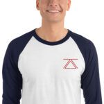 Model wearing a white and navy blue 3/4 sleeve raglan shirt with the zSecurity logo on the chest, perfect for both casual and professional settings.