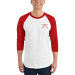 Model wearing a white and red 3/4 sleeve raglan shirt with the zSecurity logo on the chest, perfect for casual and professional settings.