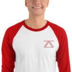 Model wearing a white and red 3/4 sleeve raglan shirt with the zSecurity logo on the chest, perfect for casual and professional settings.