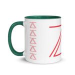 White ceramic mug with a green handle and interior, featuring the zSecurity logo in red. Perfect for enjoying your favorite beverage.