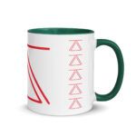 White ceramic mug with a green handle and interior, featuring the zSecurity logo in red. Perfect for enjoying your favorite beverage.