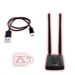 The Alfa AWUS036ACH USB Wireless Adapter with dual 5dBi antennas, a USB-C keystroke injector cable, and a USB adapter, forming a comprehensive pentesting and hacking kit.