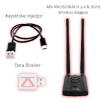 The Alfa AWUS036ACH USB Wireless Adapter with dual 5dBi antennas, a USB-C keystroke injector cable, and a USB adapter, forming a comprehensive pentesting and hacking kit.