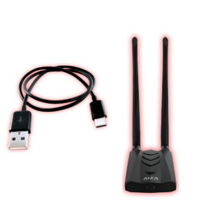 A combination of the Alfa AWUS036ACH USB Wireless Adapter with dual antennas and a USB-C keystroke injection cable, designed for wireless network testing and penetration testing.