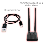 A combination of the Alfa AWUS036ACH USB Wireless Adapter with dual antennas and a USB-C keystroke injection cable, designed for wireless network testing and penetration testing.