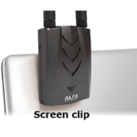 The Alfa AWUS036ACH USB wireless adapter clipped onto a laptop screen, showcasing its dual 5dBi antennas and compact design for ease of use during wireless security testing.