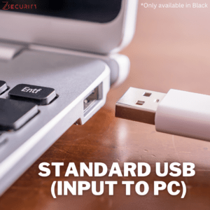 A close-up image of a standard USB connector about to be plugged into a laptop’s USB port, with the text "Standard USB (Input to PC)" displayed below.