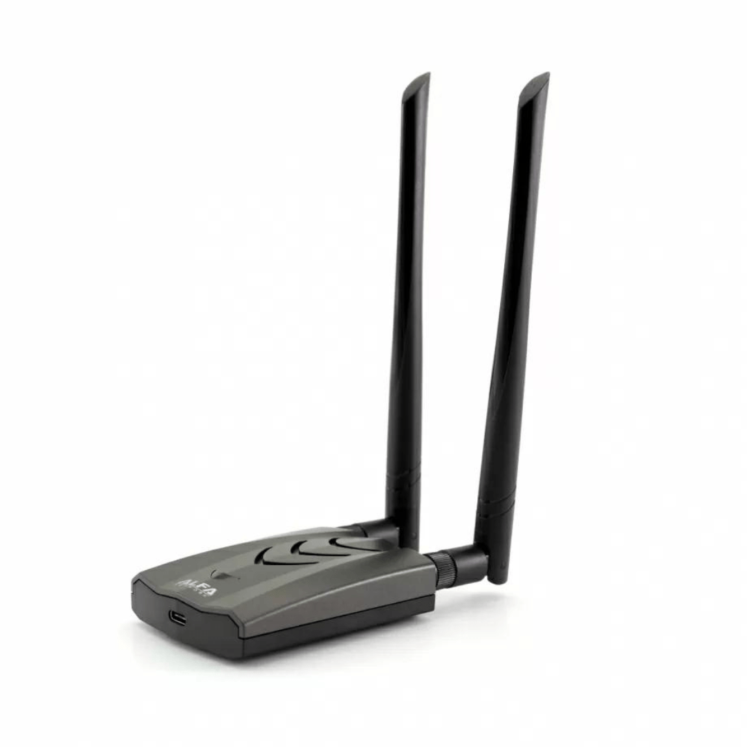 The Alfa AWUS036ACH USB wireless adapter, equipped with two 5dBi antennas, offering support for both 2.4GHz and 5GHz frequency bands, ideal for wireless penetration testing and network security assessments.