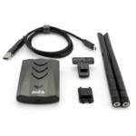 A full kit of the Alfa AWUS036ACH USB wireless adapter including dual antennas, USB cable, screen clip, and other accessories, designed for dual-band 2.4GHz and 5GHz wireless testing.