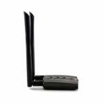 A side view of the Alfa AWUS036ACH USB wireless adapter with two 5dBi antennas positioned vertically, showcasing its slim profile and dual-band Wi-Fi support for security testing.