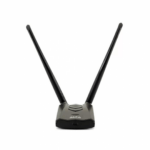 A front-facing view of the Alfa AWUS036ACH USB wireless adapter with two 5dBi antennas positioned upright, designed for 2.4GHz and 5GHz frequency bands, ideal for network security testing.