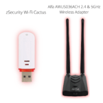 A side-by-side view of the zSecurity Wi-Fi Cactus (BadUSB) and Alfa AWUS036ACH 2.4 & 5GHz Wireless Adapter, both designed for advanced Wi-Fi hacking and penetration testing.