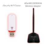 A side-by-side comparison of the zSecurity Wi-Fi Cactus (BadUSB device) and the Alfa AWUS036NHA Wireless Adapter, both designed for penetration testing and security research.