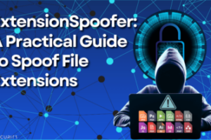 Graphic depicting a hooded figure on a laptop displaying various file icons, promoting the ExtensionSpoofer guide to spoof file extensions.