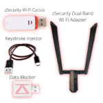 Image showcasing the zSecurity Hacker Starter Kit, including a Wi-Fi Cactus, Dual Band Wi-Fi Adapter, Keystroke Injector, and Data Blocker, essential tools for ethical hackers.