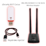 A bundle including the zSecurity Wi-Fi Cactus (BadUSB), a keystroke injector cable, and the Alfa AWUS036ACH dual-band 2.4 & 5GHz wireless adapter, ideal for penetration testing and Wi-Fi hacking.