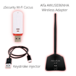 A bundle consisting of the zSecurity Wi-Fi Cactus (BadUSB), a keystroke injector cable, and the Alfa AWUS036NHA Wireless Adapter, designed for wireless security testing and penetration testing.